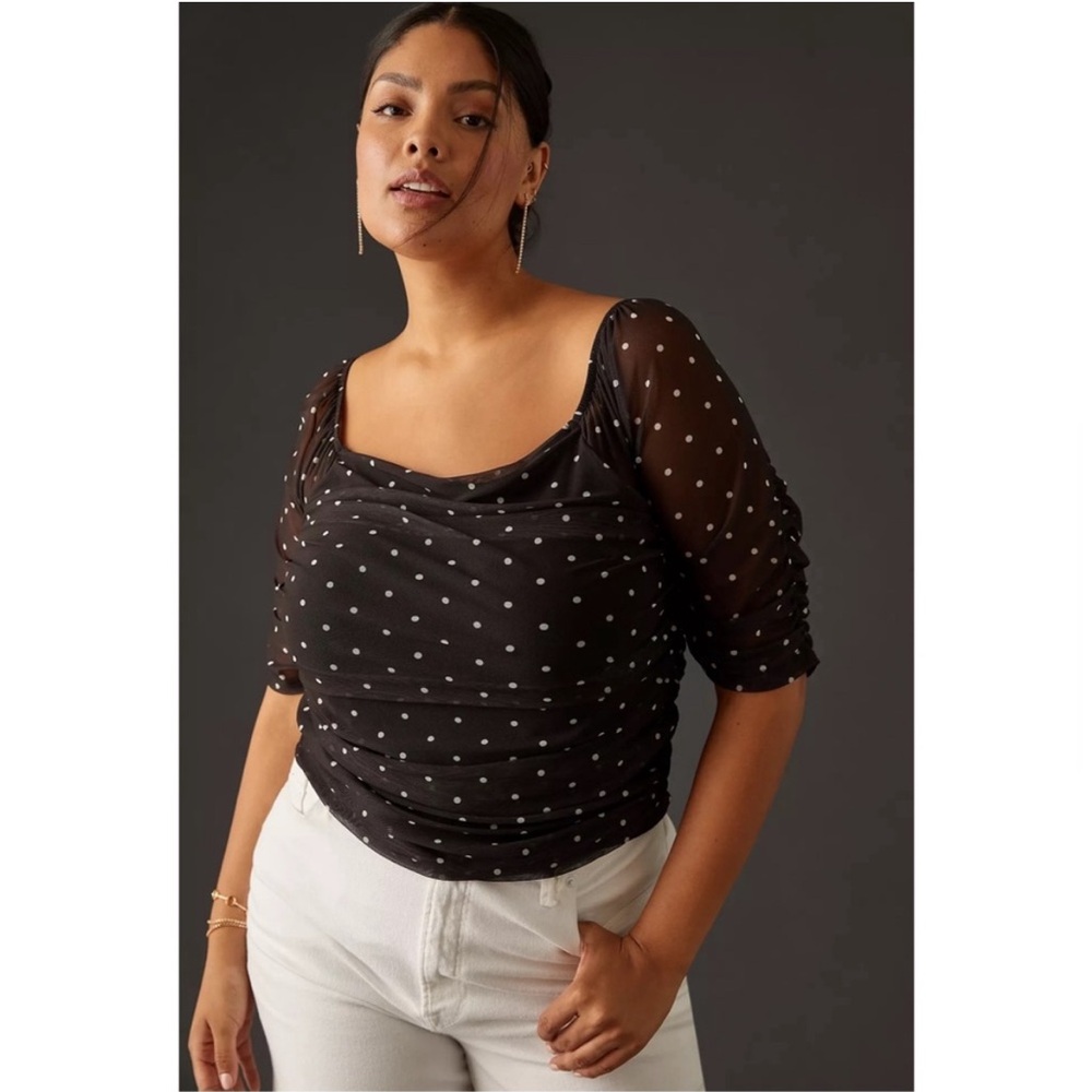 Anthropologie Shirred Mesh Polka Dot Women's Top